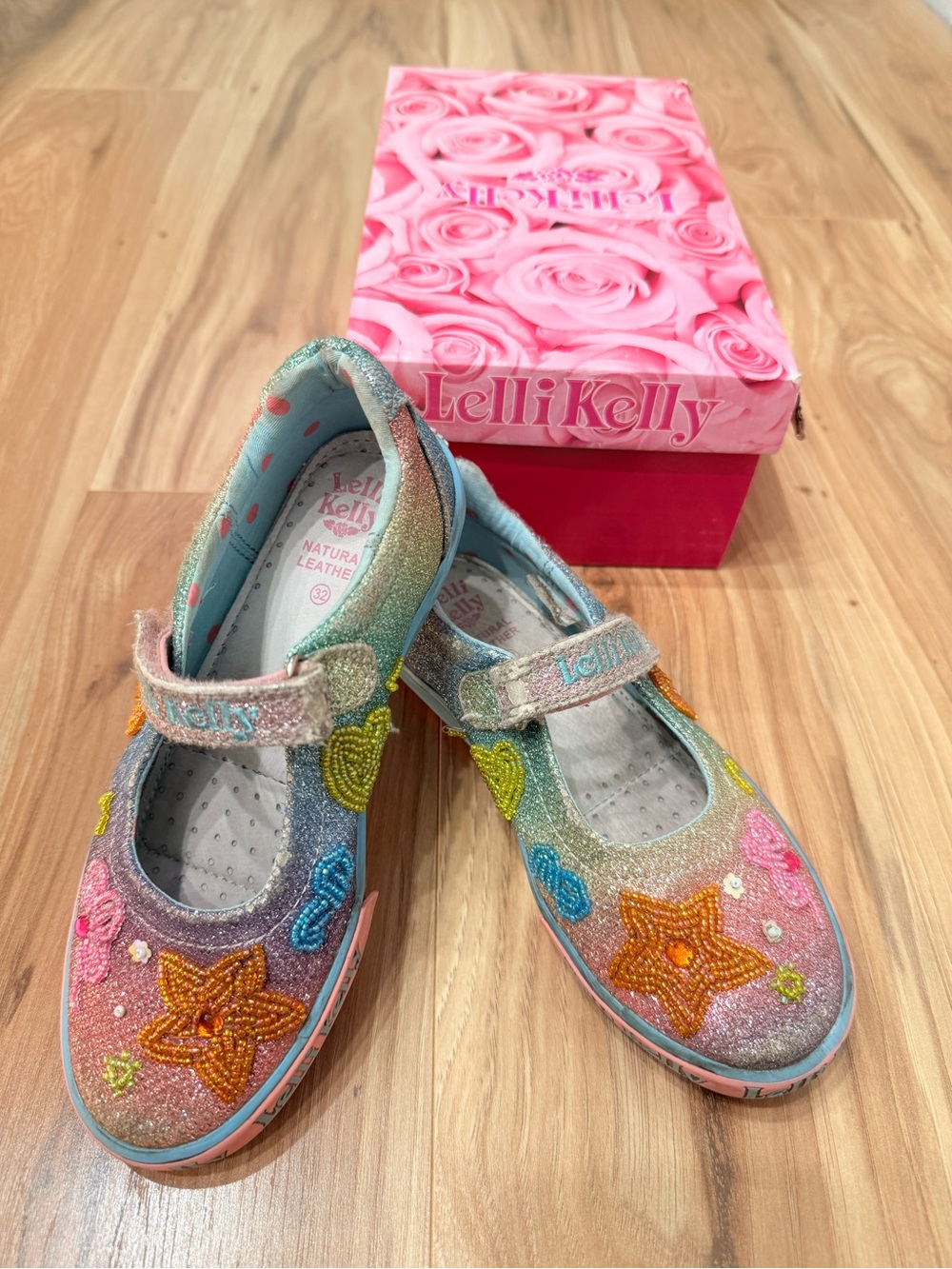 Lelli Kelly Girls Glitter Pastel Mary Jane Shoes with Beaded Stars, Size 1